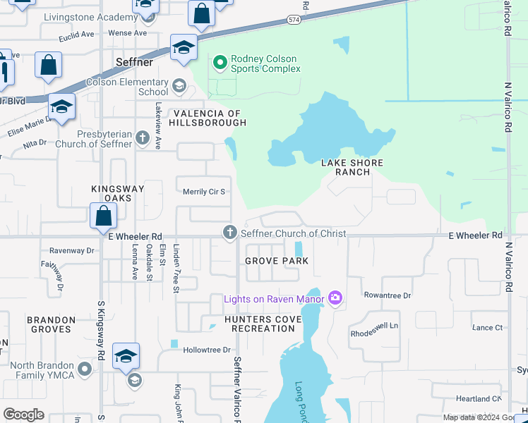 map of restaurants, bars, coffee shops, grocery stores, and more near 1006 Lake Shore Ranch Drive in Seffner