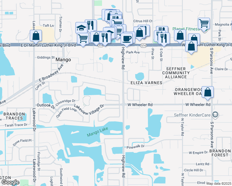 map of restaurants, bars, coffee shops, grocery stores, and more near 1402 Thistledown Drive in Brandon