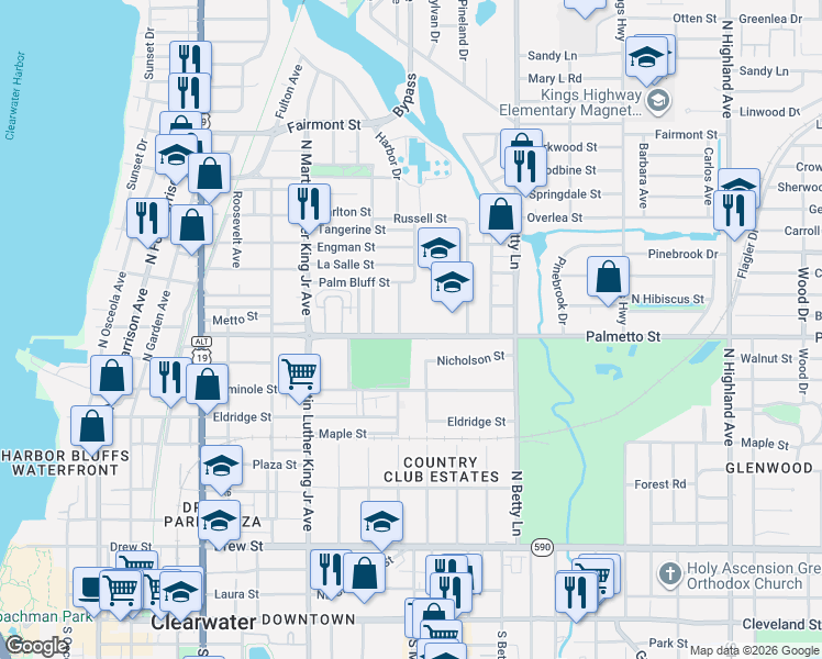 map of restaurants, bars, coffee shops, grocery stores, and more near 1201 Palmetto Street in Clearwater