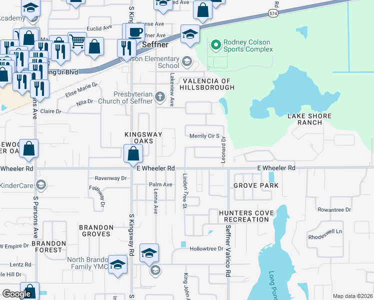 map of restaurants, bars, coffee shops, grocery stores, and more near 613 Red Robin Road in Seffner