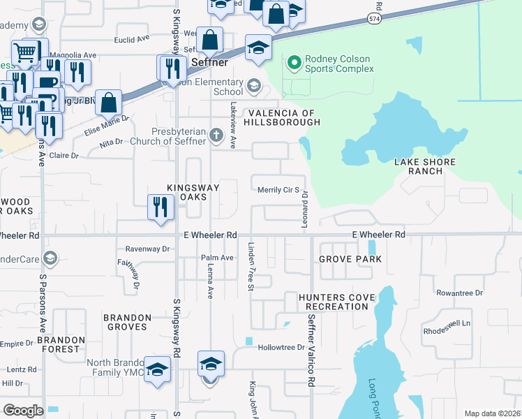 map of restaurants, bars, coffee shops, grocery stores, and more near 609 Wood Road in Seffner