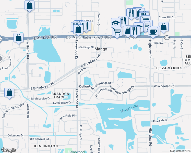 map of restaurants, bars, coffee shops, grocery stores, and more near 2115 Shady Point Lane in Brandon