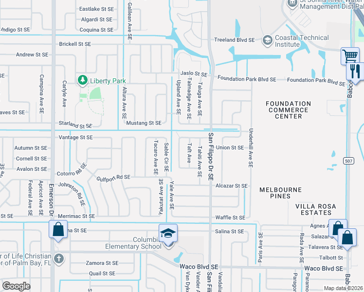 map of restaurants, bars, coffee shops, grocery stores, and more near 951 Culpepper Avenue Southeast in Palm Bay