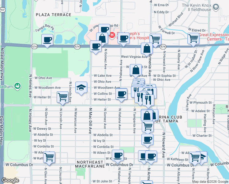 map of restaurants, bars, coffee shops, grocery stores, and more near 2907 West Heiter Street in Tampa