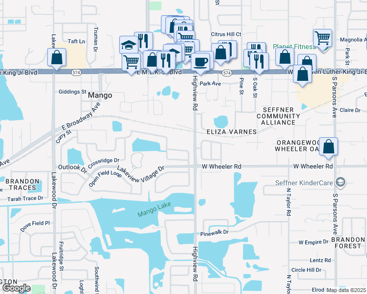 map of restaurants, bars, coffee shops, grocery stores, and more near 1402 Thistledown Drive in Brandon