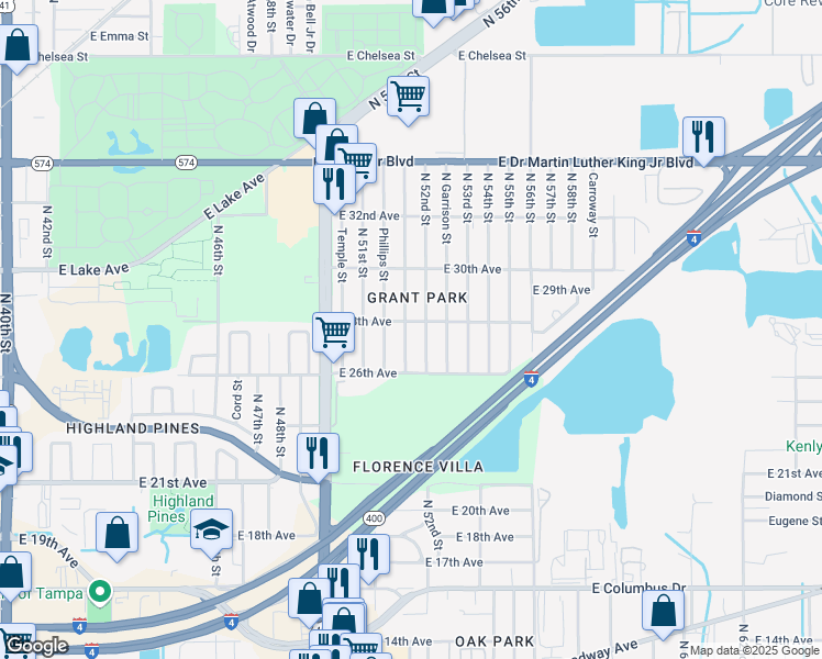 map of restaurants, bars, coffee shops, grocery stores, and more near 3412 North 52nd Street in Tampa