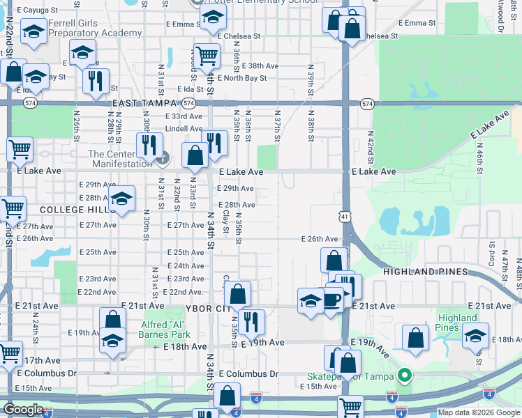 map of restaurants, bars, coffee shops, grocery stores, and more near 3518 East 27th Avenue in Tampa