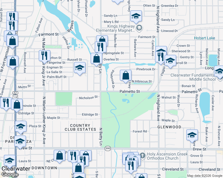 map of restaurants, bars, coffee shops, grocery stores, and more near 1383-1399 Palmetto Street in Clearwater