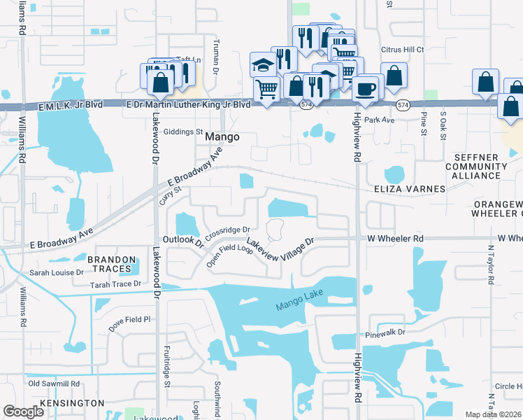 map of restaurants, bars, coffee shops, grocery stores, and more near 1507 Crossridge Drive in Brandon