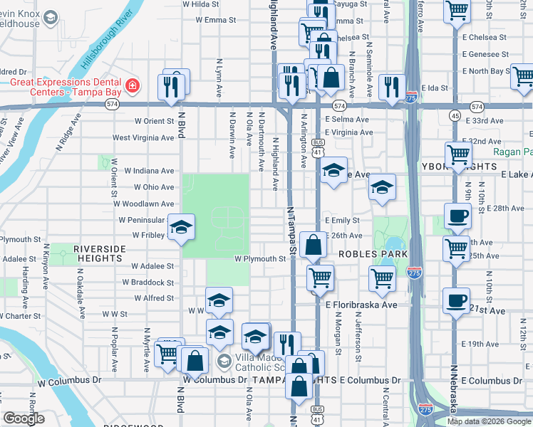 map of restaurants, bars, coffee shops, grocery stores, and more near 3505 North Dartmouth Avenue in Tampa