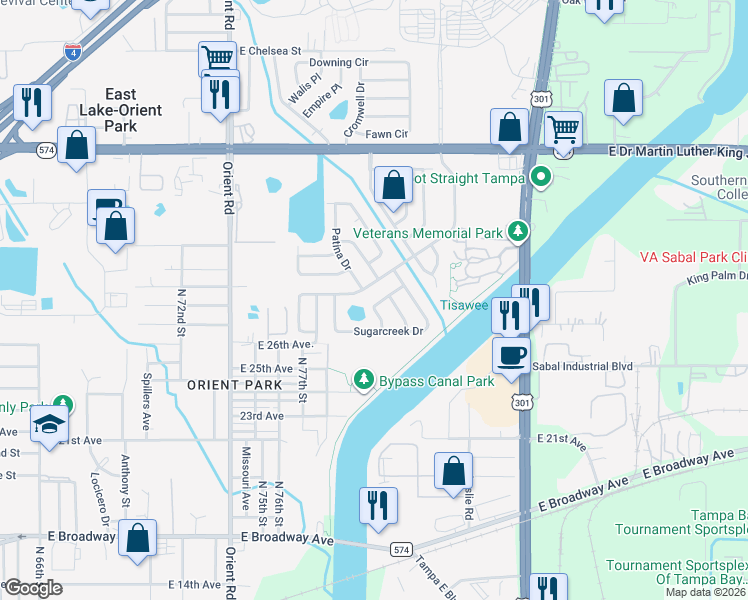 map of restaurants, bars, coffee shops, grocery stores, and more near 3612 Tamarix Drive in Tampa
