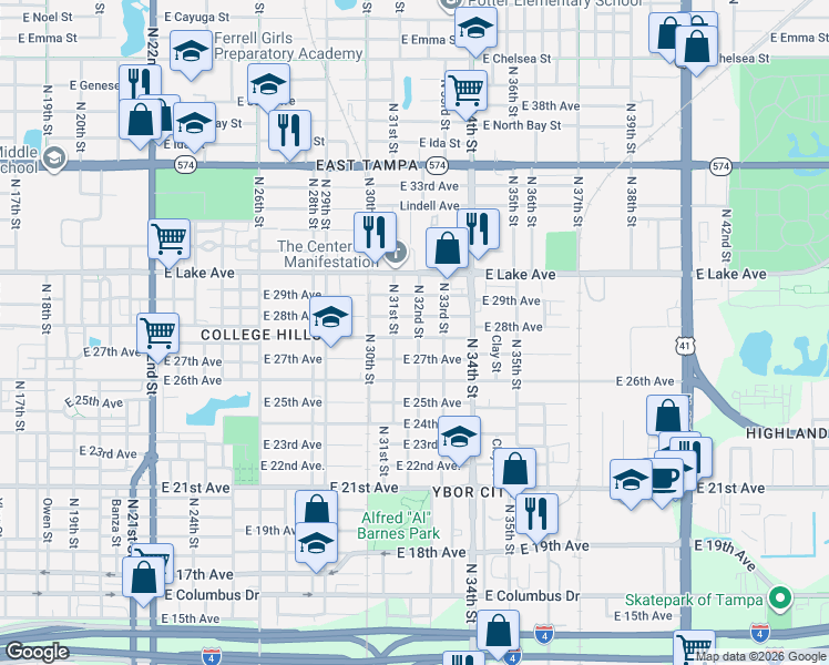 map of restaurants, bars, coffee shops, grocery stores, and more near 3110 Chipco Street in Tampa