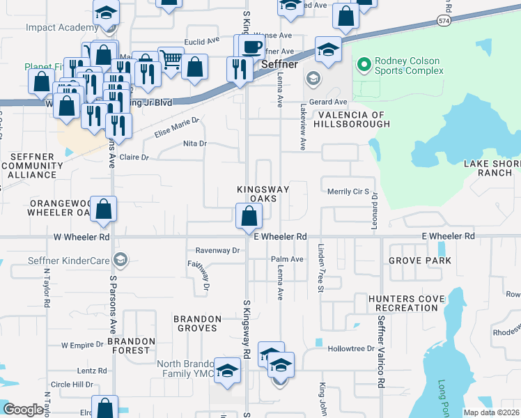 map of restaurants, bars, coffee shops, grocery stores, and more near 2302 Towering Oaks Circle in Seffner