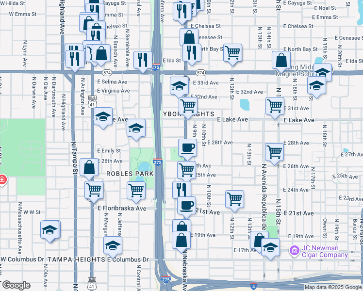 map of restaurants, bars, coffee shops, grocery stores, and more near 3502 North Nebraska Avenue in Tampa