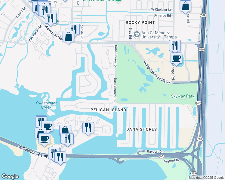 map of restaurants, bars, coffee shops, grocery stores, and more near 4050 Dana Shores Drive in Tampa