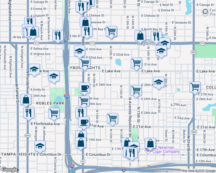 map of restaurants, bars, coffee shops, grocery stores, and more near 3504 North 12th Street in Tampa