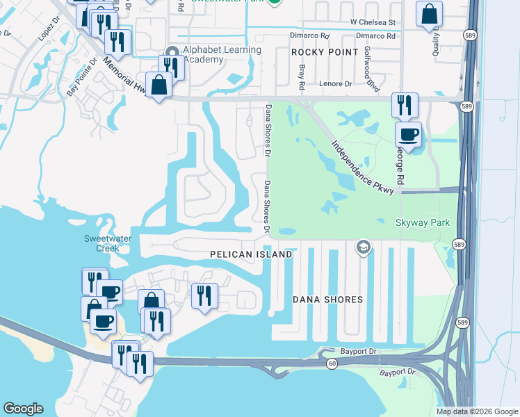 map of restaurants, bars, coffee shops, grocery stores, and more near 4050 Dana Shores Drive in Tampa