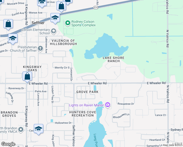 map of restaurants, bars, coffee shops, grocery stores, and more near 1030 Lake Shore Ranch Drive in Seffner