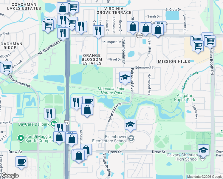 map of restaurants, bars, coffee shops, grocery stores, and more near 2750 Park Trail Lane in Clearwater