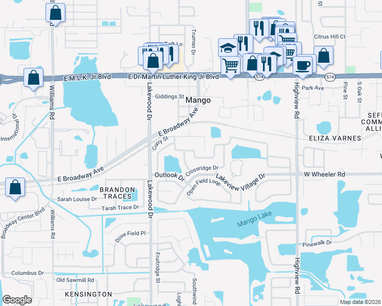 map of restaurants, bars, coffee shops, grocery stores, and more near 1663 Palm Leaf Drive in Brandon