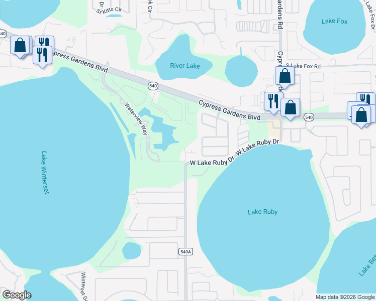 map of restaurants, bars, coffee shops, grocery stores, and more near 7804 Waterview Way in Winter Haven