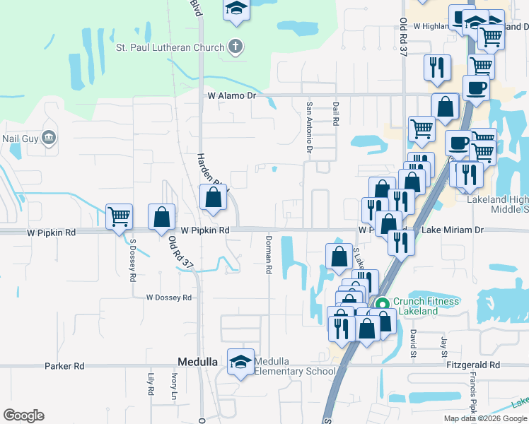 map of restaurants, bars, coffee shops, grocery stores, and more near 4903 Melissa Lane in Lakeland