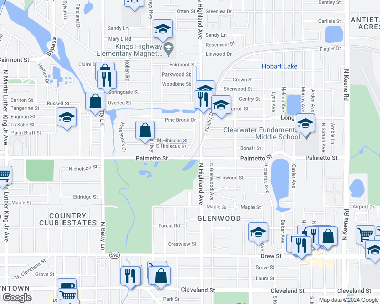 map of restaurants, bars, coffee shops, grocery stores, and more near 1003 Palm Terrace Drive in Clearwater