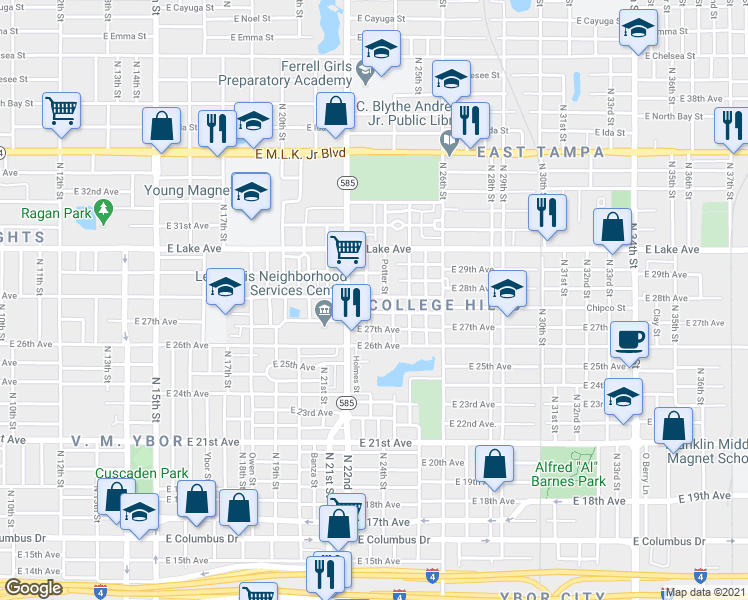 map of restaurants, bars, coffee shops, grocery stores, and more near 2305 East 28th Avenue in Tampa