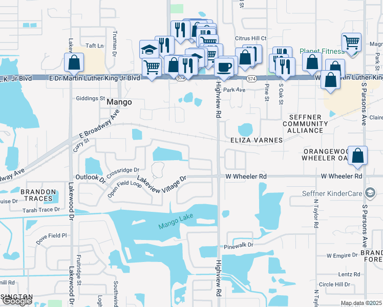 map of restaurants, bars, coffee shops, grocery stores, and more near 1504 Thistledown Drive in Brandon