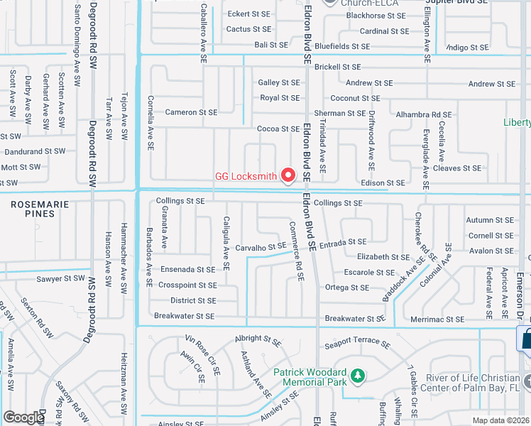 map of restaurants, bars, coffee shops, grocery stores, and more near 348 Collings Street Southeast in Palm Bay