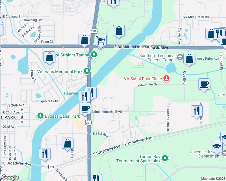 map of restaurants, bars, coffee shops, grocery stores, and more near 8430 Radio Lane in Tampa