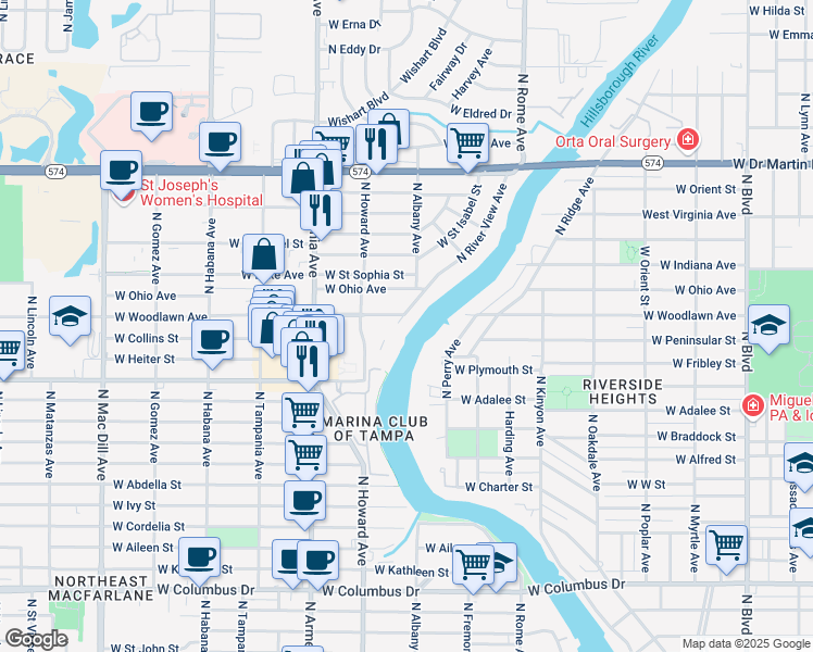 map of restaurants, bars, coffee shops, grocery stores, and more near 4039 North River View Avenue in Tampa