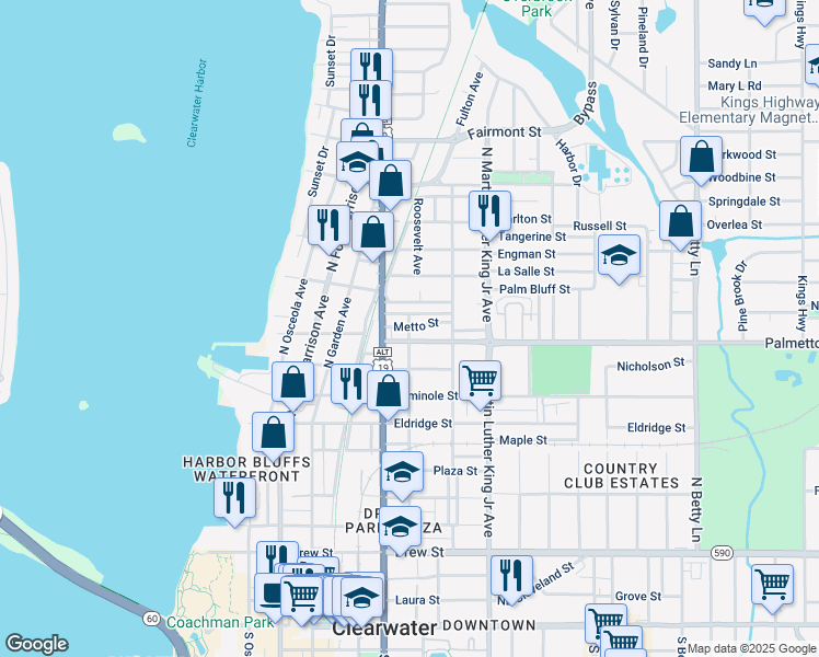 map of restaurants, bars, coffee shops, grocery stores, and more near 802 Jurgens Street in Clearwater
