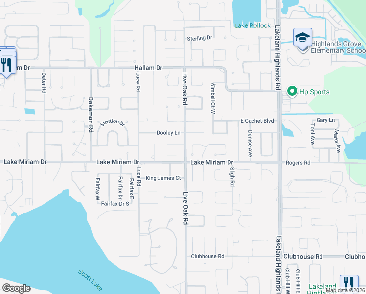 map of restaurants, bars, coffee shops, grocery stores, and more near 1743 Wilshire Court in Lakeland