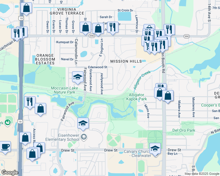 map of restaurants, bars, coffee shops, grocery stores, and more near 2904 Nutwood Street in Clearwater