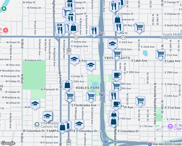 map of restaurants, bars, coffee shops, grocery stores, and more near 504 East James Street in Tampa