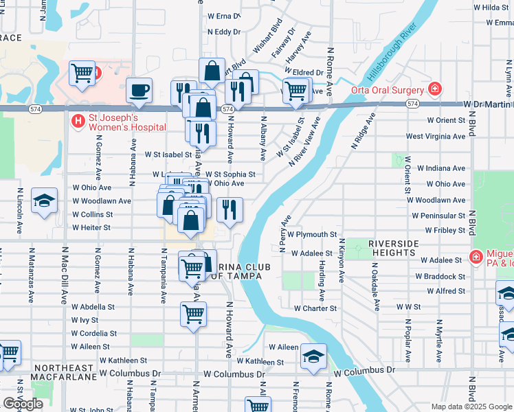 map of restaurants, bars, coffee shops, grocery stores, and more near 4039 North River View Avenue in Tampa