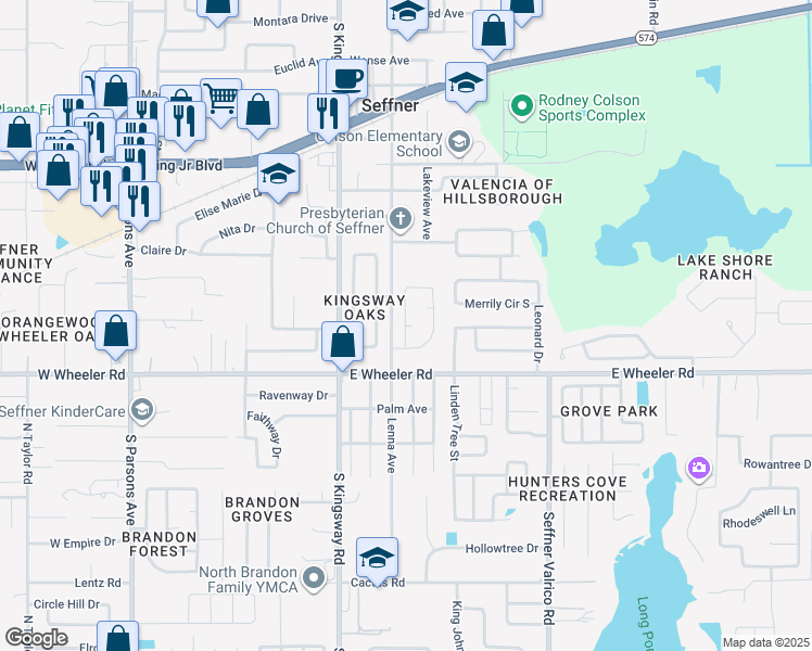 map of restaurants, bars, coffee shops, grocery stores, and more near 2108 Darlington Drive in Seffner