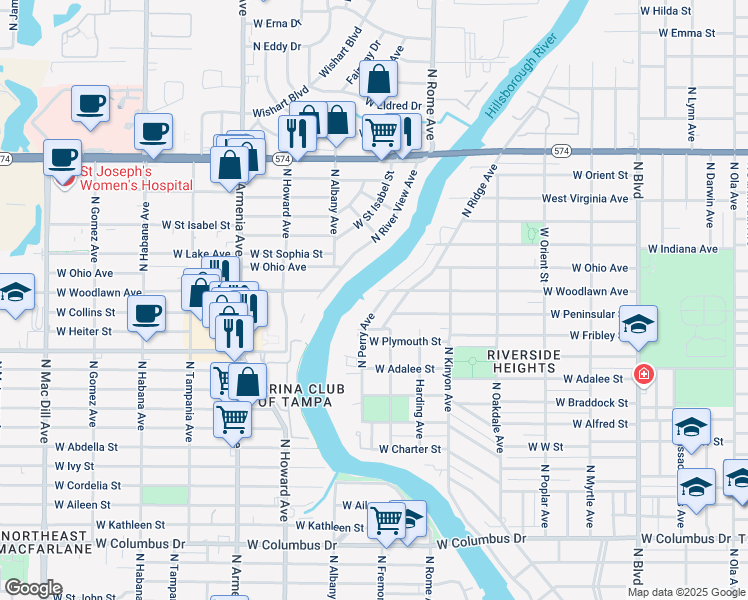 map of restaurants, bars, coffee shops, grocery stores, and more near 3314 North Perry Avenue in Tampa