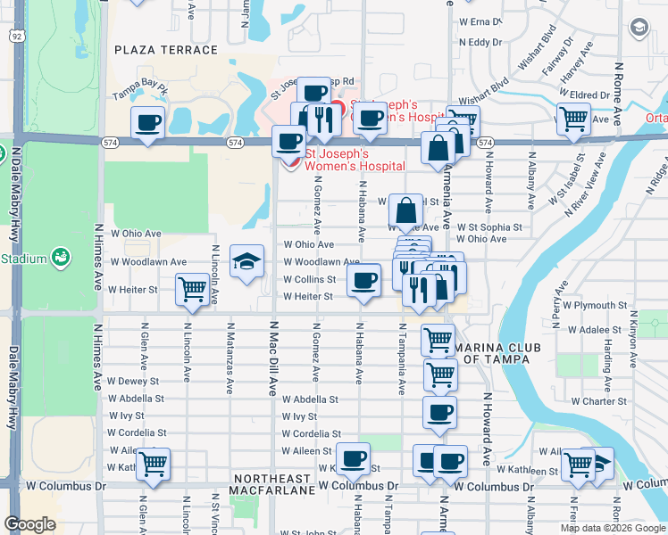 map of restaurants, bars, coffee shops, grocery stores, and more near 2805 West Woodlawn Avenue in Tampa