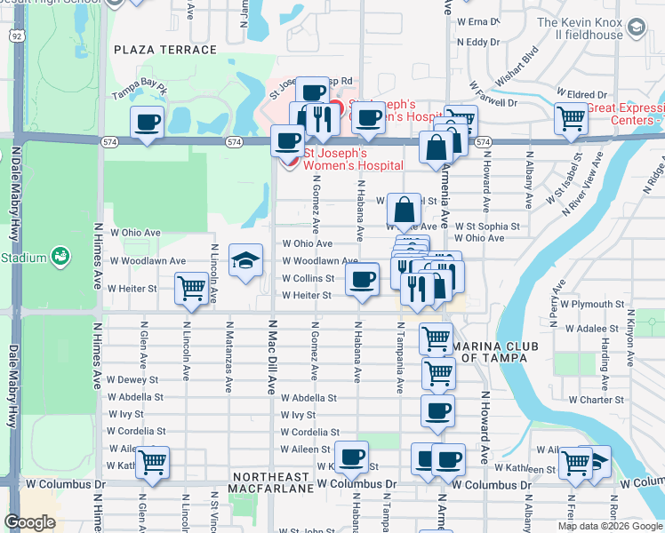 map of restaurants, bars, coffee shops, grocery stores, and more near 2805 West Woodlawn Avenue in Tampa