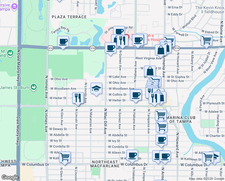 map of restaurants, bars, coffee shops, grocery stores, and more near 2915 West Woodlawn Avenue in Tampa