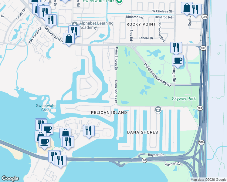 map of restaurants, bars, coffee shops, grocery stores, and more near 4151 Dana Shores Drive in Tampa