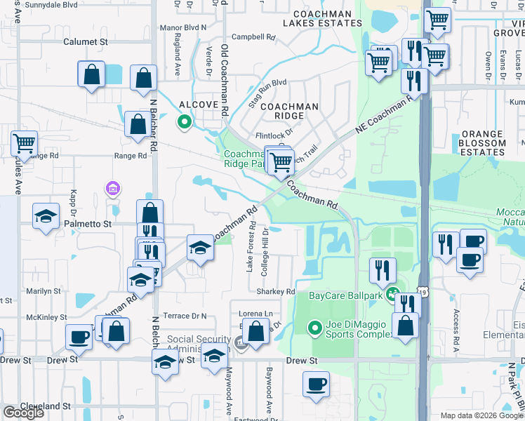 map of restaurants, bars, coffee shops, grocery stores, and more near 2350 Florida 590 in Clearwater