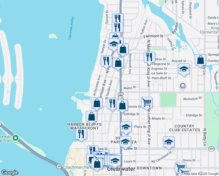 map of restaurants, bars, coffee shops, grocery stores, and more near 1011 North Garden Avenue in Clearwater