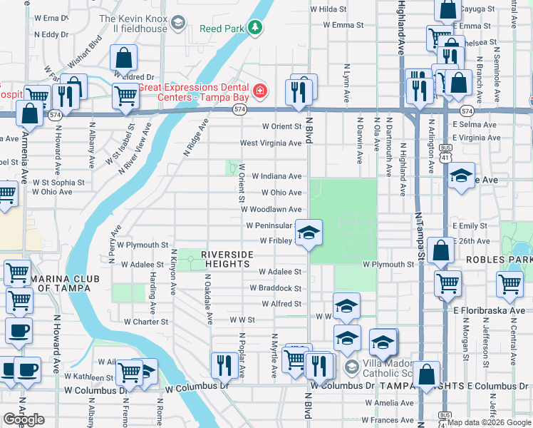 map of restaurants, bars, coffee shops, grocery stores, and more near 803 West Woodlawn Avenue in Tampa