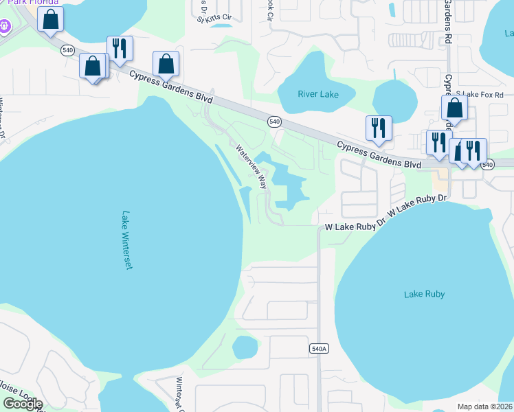 map of restaurants, bars, coffee shops, grocery stores, and more near 1111 Shoreline Lane in Winter Haven