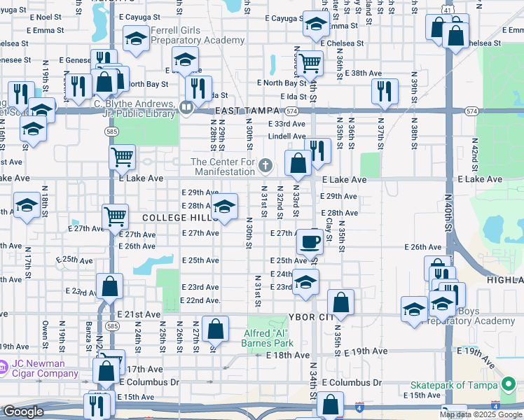 map of restaurants, bars, coffee shops, grocery stores, and more near 3106 East 28th Avenue in Tampa