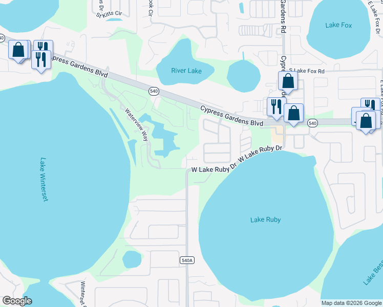 map of restaurants, bars, coffee shops, grocery stores, and more near 7804 Waterview Way in Winter Haven