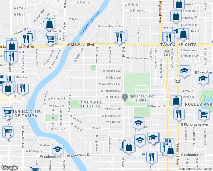 map of restaurants, bars, coffee shops, grocery stores, and more near 806 West Woodlawn Avenue in Tampa